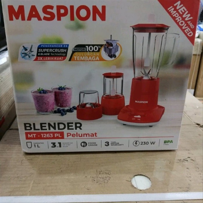 MASPION Blender Plastik 1 Liter MT 1263 PL - Wet &amp; Dry Mill 3in1 Plastik Mika - Garansi Resmi 1 Tahun