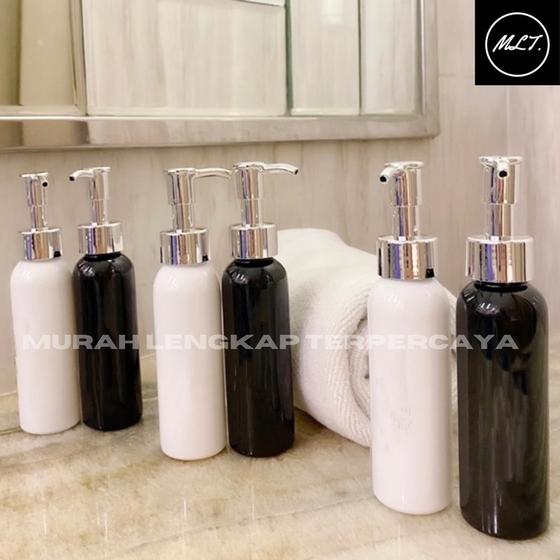 BOTOL 100ML HITAM/PUTIH TRAVEL SIZE SILVER KECIL LUXURY . AESTHETIC BOTOL REFILL REFIL PET BOTOL BR 100 ML PUTIH HITAM TUTUP LUXURY PUMP CLIP OIL