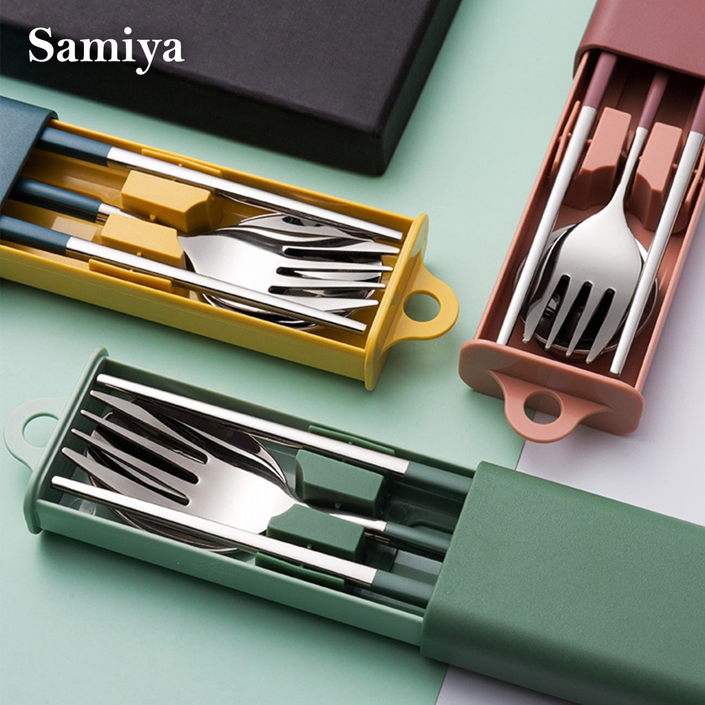 premium portable cutlery 3pcs set ( TERIMA CUSTOM PRINT NAMA dan LOGO ) / alat makan sendok garpu sumpit stainless set dengan box