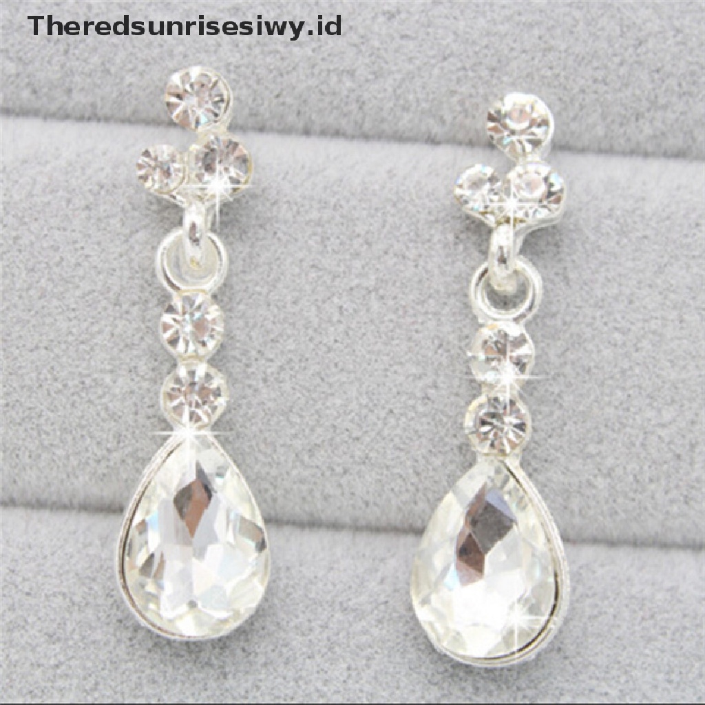 Set Perhiasan Kalung Anting Kristal Berlian Imitasi Warna Silver Untuk Pengantin Wanita