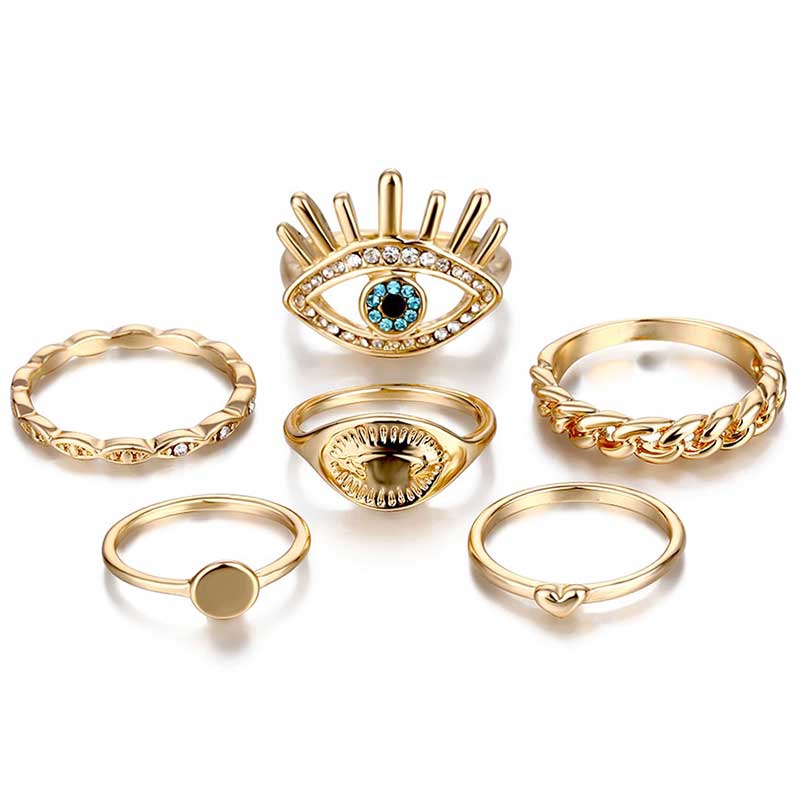 Set 6 Pcs Cincin Kristal Bentuk Hati Warna Emas Untuk Wanita