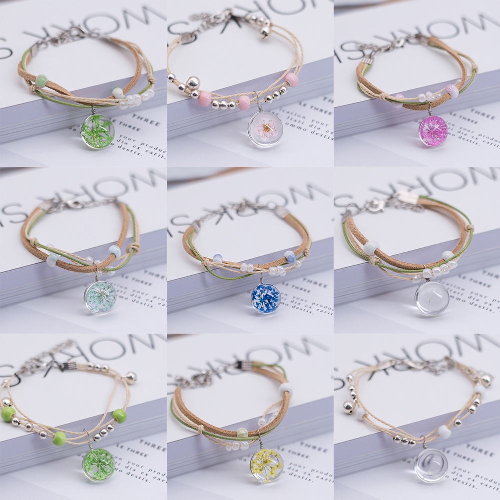 Hu Hu Hu Hu Hu Alat Bantu Pasang Kacamata♡ Gelang Tali Anyam Handmade Dengan Bola Kaca Isi Bunga Kering Untuk Wanita