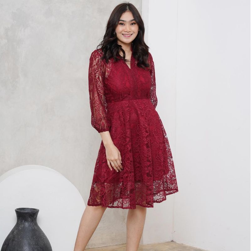 MALIKA Lace Dress | Midi Dress Brukat Brokat Lengan 7/8 Premium