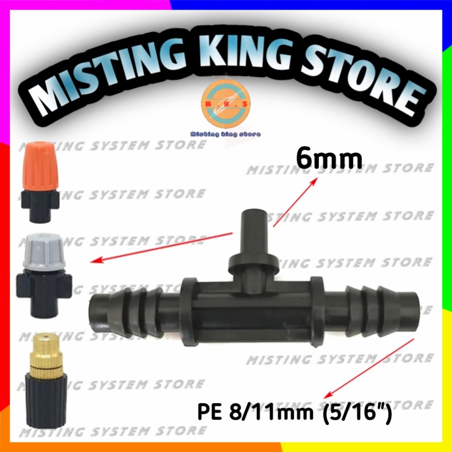 TEE SPRAYER 11 X 6 MM SELANG PE 11MM KE HEAD NOZZLE ORANGE ABU MISTING