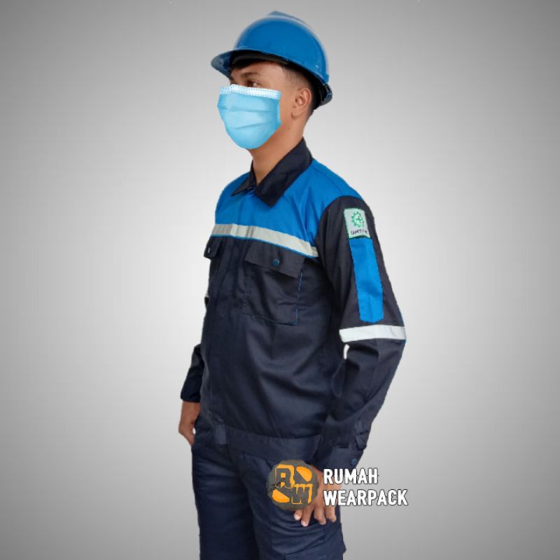 Baju Kerja/ Wearpack Proyek/ Seragam Kerja Atasan Navy Kombinasi Biru BCA