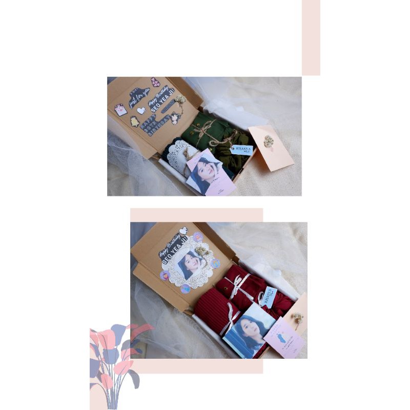 

Hampers Gift Box Hijab Pasmina Plisket+Pasminah Tali/Kancing/Ceruty+Scrunchie Premium