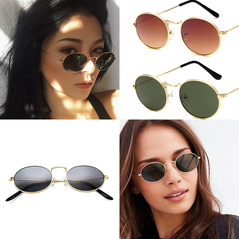 (YUZHU) Ins Fashion Logam Oval Bingkai Kacamata Hitam Wanita Gaya Retro Anti UV400 Bingkai Kecil Kacamata Hitam Pria