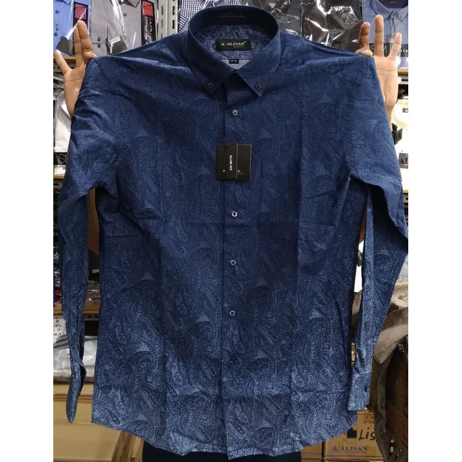 TERLARIIS Kemeja Pria Alisan Semi Batik Gradasi Printing Katun Maroon Biru