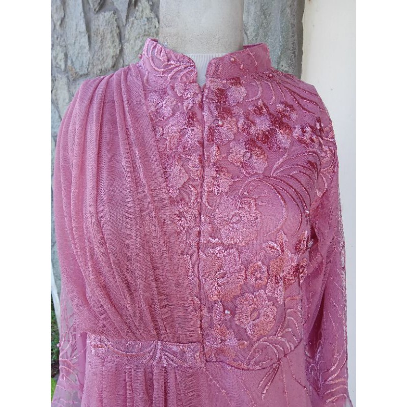 Gamis/Dress/Gaun Pesta Ozias Bahan Brokat/Brukat Kombi Tile/Tulle Mutiara