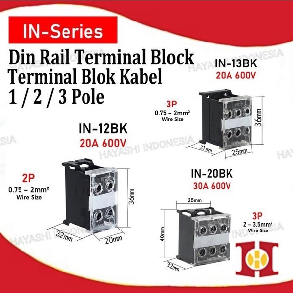 Terminal Block Blok Din Rail 600V IN-12BK 13SBK BK 20BK 30BK 60BK 411S