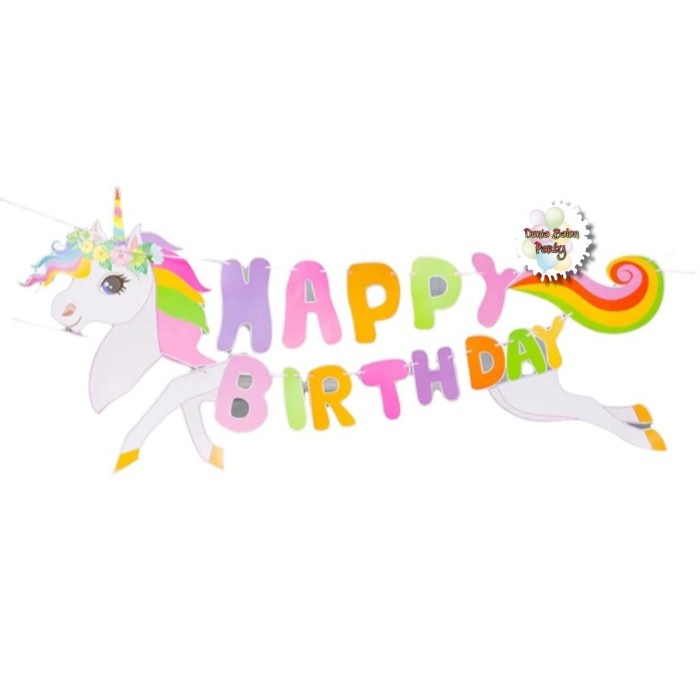 Banner Happy Birthday / Bunting Flag Ultah Bentuk Unicorn Rainbow