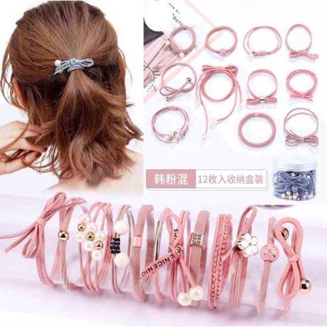 Ikat Rambut Anak dan Dewasa Isi 12 Korean Style Lucu Ikat Rambut Bonus Pouch