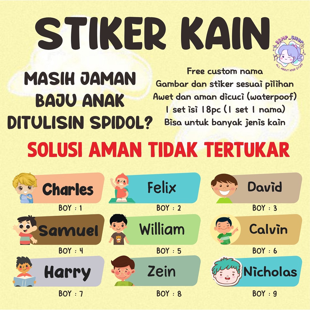 Stiker nama kain baju custom label sablon setrika laki laki pria anak muslim sd sekolah pondok  tk fullday scholl