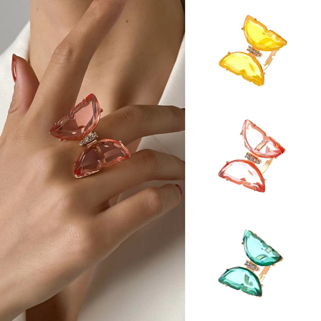 Cincin Model Terbuka Desain Kupu-Kupu Warna Permen Transparan Bahan Akrilik Gaya Korea Untuk Wanita