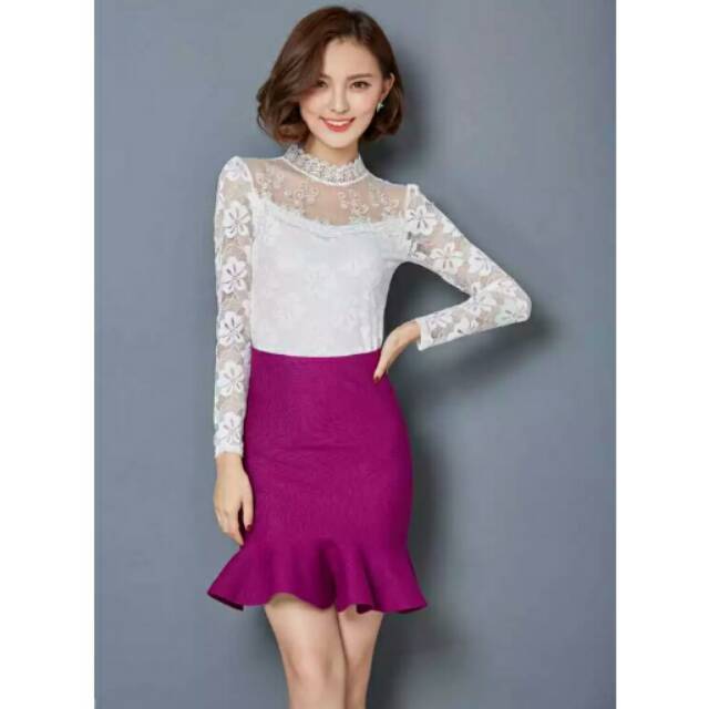Blouse brukat korea import putih white lengan panjang