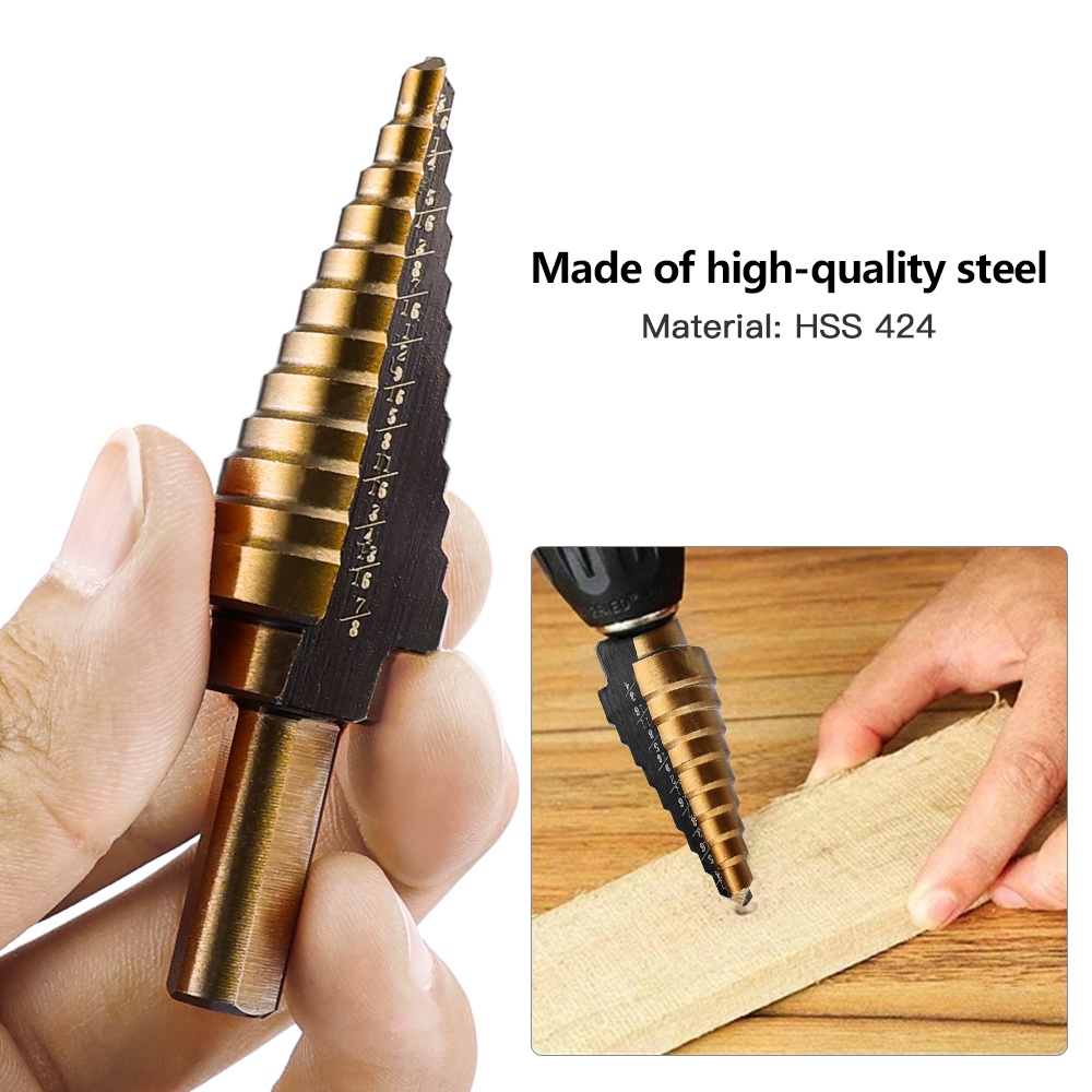 Mata Bor - 5 PCS - untuk melubangi besi, kuningan, kayu, plastik dan lainnya - memiliki marking-marking ukuran sehingga Anda dapat mengetahui ukuran lubang yang diciptakan bor Anda - Material: HSS Titanium - Desain Pagoda Spiral