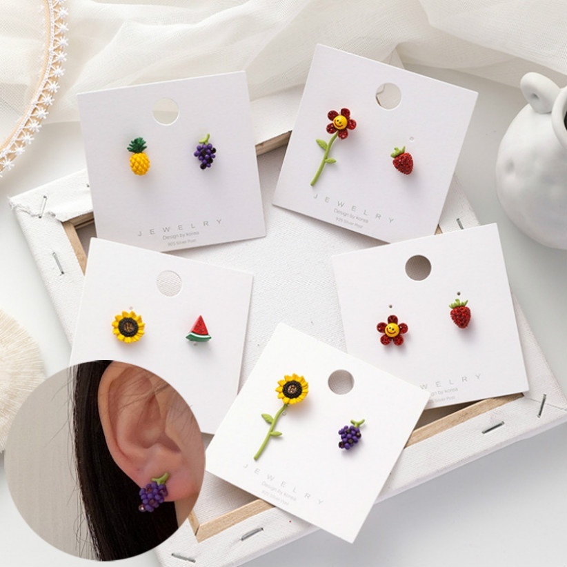 Korean Style Crystal Sun Flower Strawberry Grape Asymmetric Earrings Sweet Girls Fruit Stud Earrings