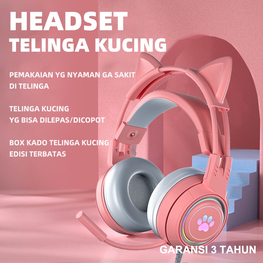Jual Headset Gaming Headphone Kucing 3D Stereo Bass Headset 3.5mm Mic Headphone Gaming For