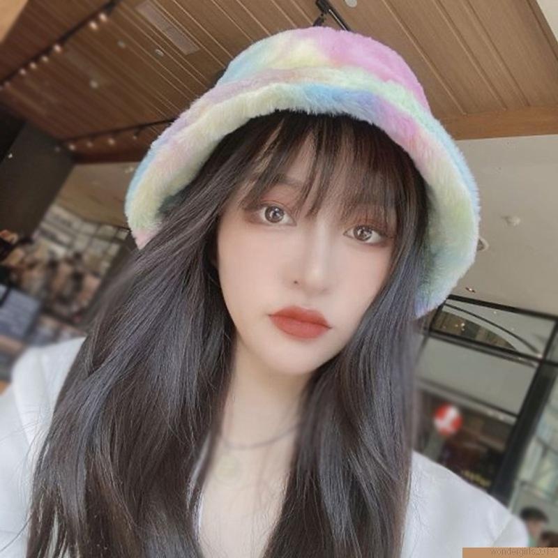 Topi Bucket Bahan Plush Wol Domba Tebal Hangat Warna-Warni Pelangi Gaya Korea Untuk Wanita