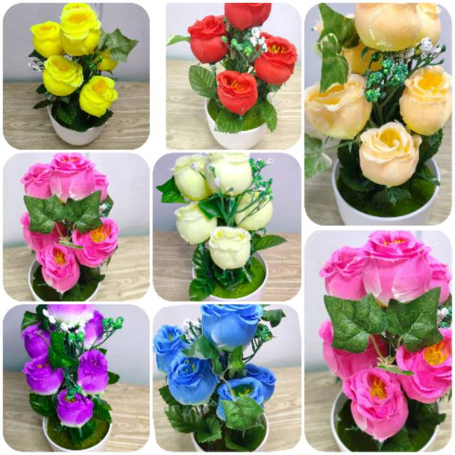 Set Pot + Bunga Mawar Artifisial Cantik | Bunga Plastik Imitasi | Bunga Meja Sudut