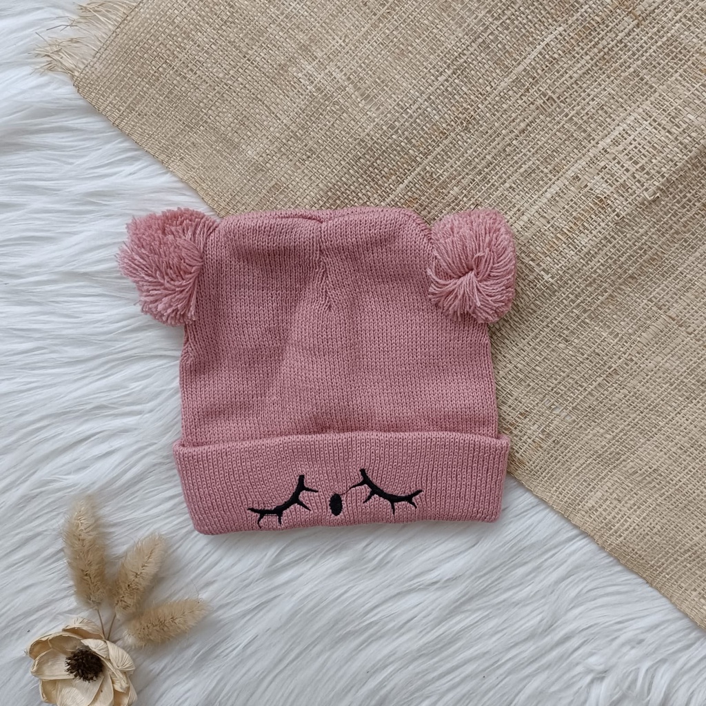 Ciput bayi pompom bordir sleep 0-12 bulan / Topi rajut bayi murah / ciput bayi