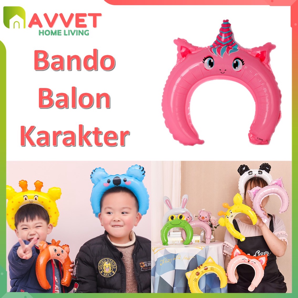 AVVET Balon Bando Karakter Hewan Balon Foil Kartun Animal Headband Balon Ulang Tahun Bando Anak Anak Murah Import