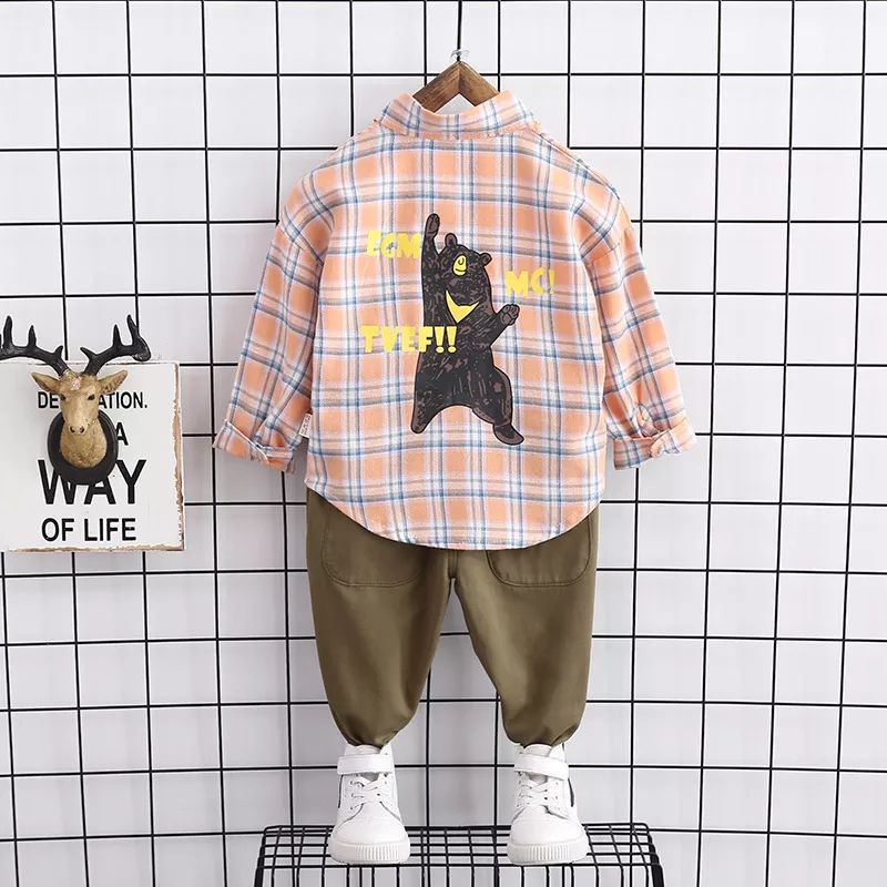 setelan kemeja lengan panjang anak bayi balita cowok import korea - setelan baju kemeja celana cargo