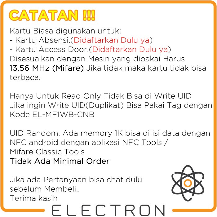 EL-MF1A-CNB RFID 13.56 MHz 1K Card Tag NFC HF ISO 14443A Kartu Akses Absensi RC522