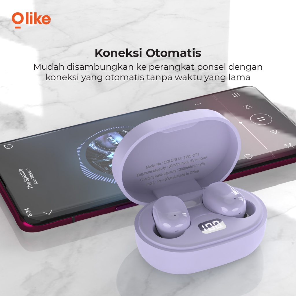 Olike TWS Colorful Bluetooth Headset Bluetooth 5.0 Ultra HD Audio Garansi Resmi 1 Tahun Touch Sensor CT1