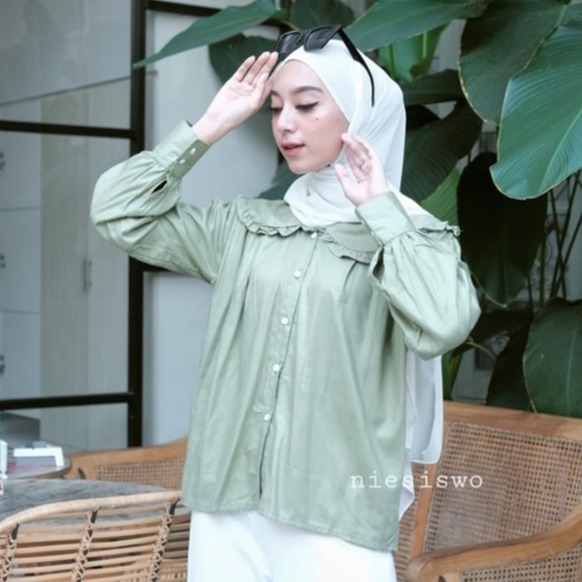 BLOUSE CRINKLE BAHAN RAYON PREMIUM | BLOUSE POLOS SAGE GREEN | EVERY BLOUSE KERAH