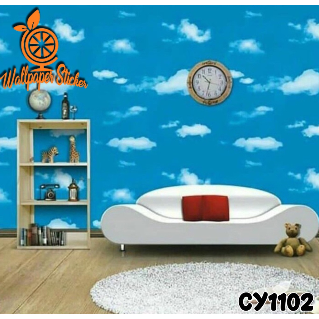 Wallpaper stiker dinding walpaper dekorasi ruangan hiasan ruangan dinding motif awan biru muda Ukuran 45cmx8Meter