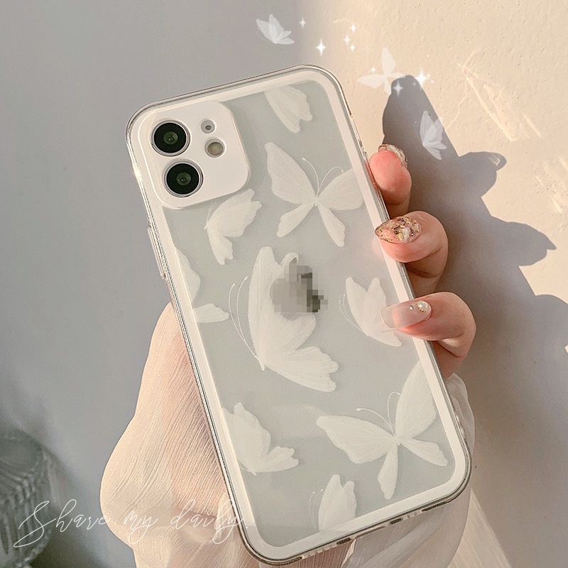 Case Pelindung Kamera Transparan Motif Kupu-Kupu Putih Untuk IPhone 7 8 SE 2020 7P 8Plus X XS XR 11 12 13 Mini Pro Max