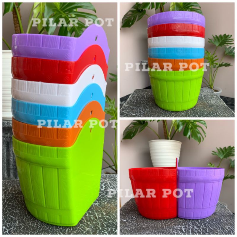 pot bunga tanaman dinding motif gentong kayu warna warni 18cm