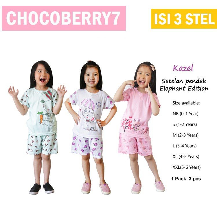 [3 set] Kazel Setelan Pendek Girl Elephant | Baju Stelan Bayi dan Anak Perempuan 0-6 Tahun