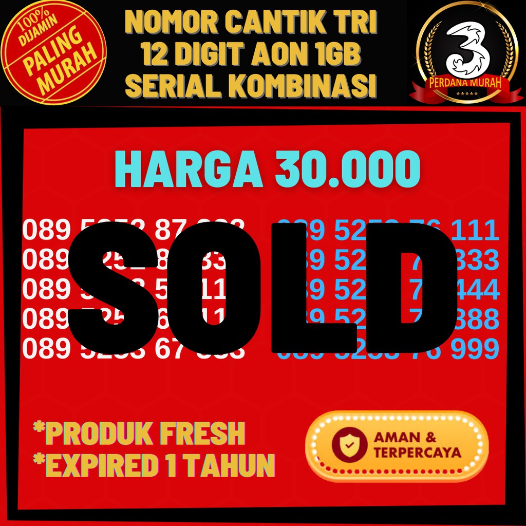 Kartu Nomor Nomer Kuota Perdana Cantik Murah Tri Three 3 12 Digit AON 1GB Kombinasi A6