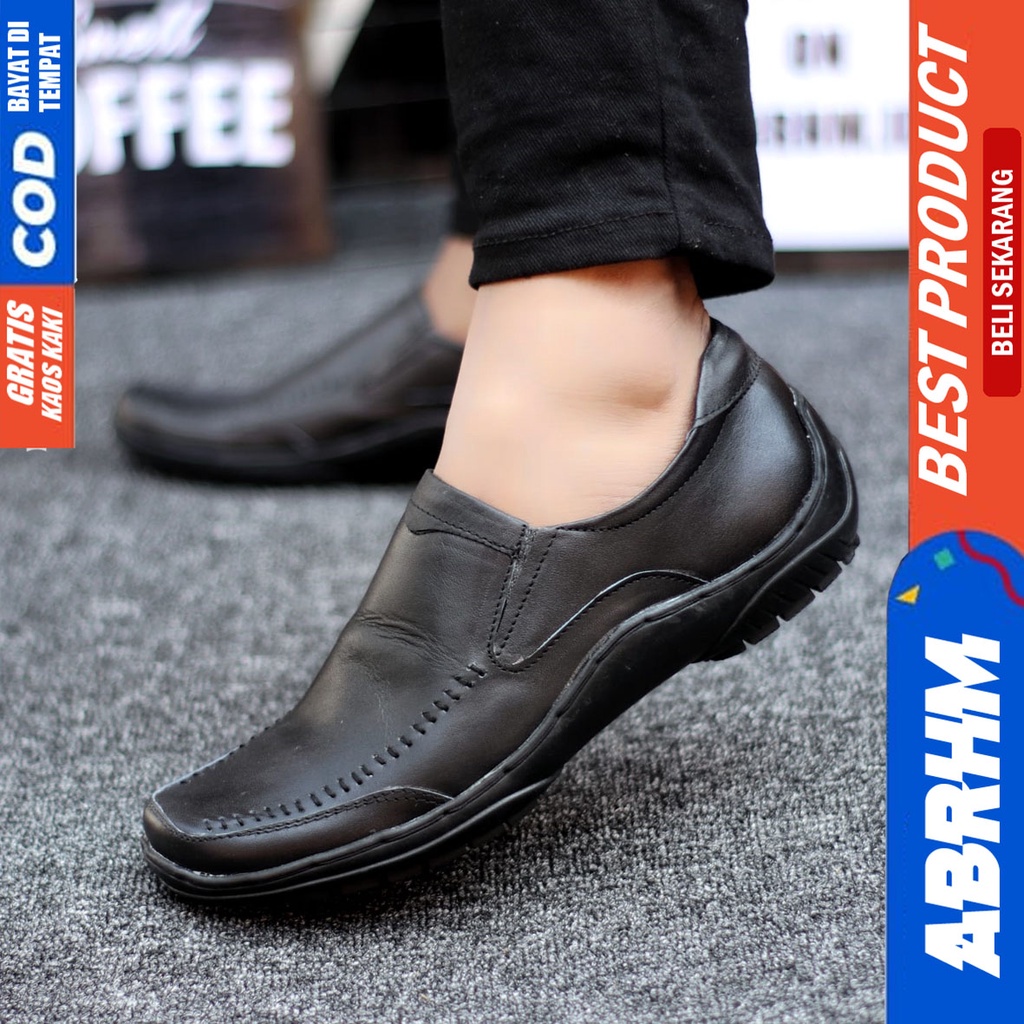 Abrhm Verdic - Sepatu Formal Pantofel Pria Casual Kulit Asli Kerja Hitam