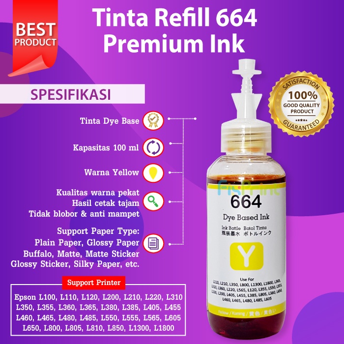 Tinta Botol 664 T6641 - T6644 Ink Refill 100ml For Printer L110 L120 L121 L210 L220 L300 L310 L350 L355 L360 L365 L380 L385 L405 L485 L550 L555 L565 Black Cyan Magenta Yellow