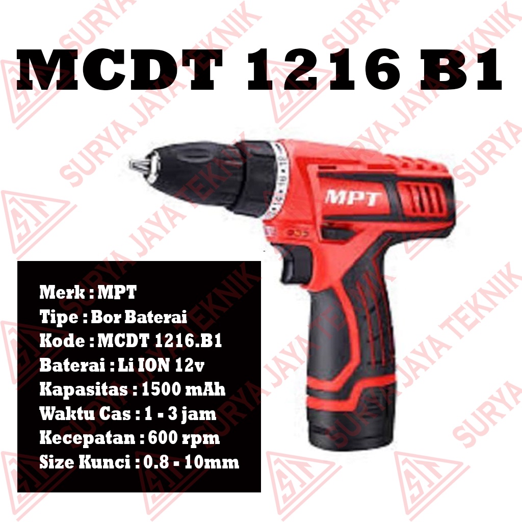 Mesin Bor Baterai Cordless Drill bor 12V MCDT1216 MPT