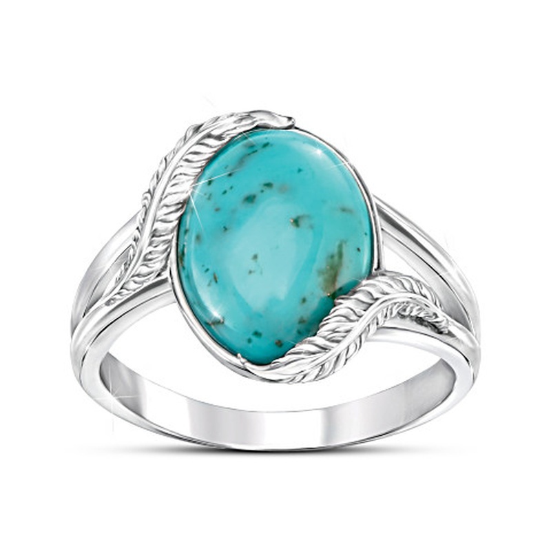 Cincin Desain Bulu Aksen Turquoise Bahan 925 Silver Untuk Wanita