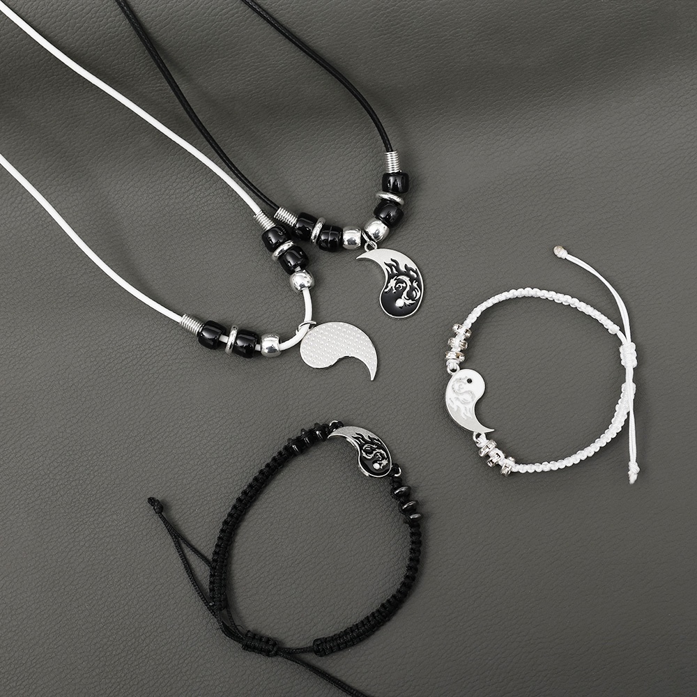 2pcs / set Gelang Kalung Liontin Yin Yang Bahan Alloy Warna Hitam Putih Gaya Retro Untuk Unisex