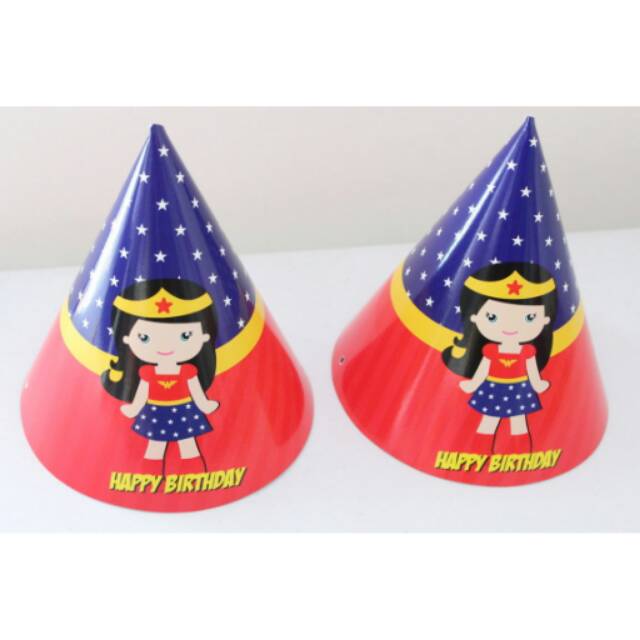 Topi ulang tahun kerucut tema wonder woman red