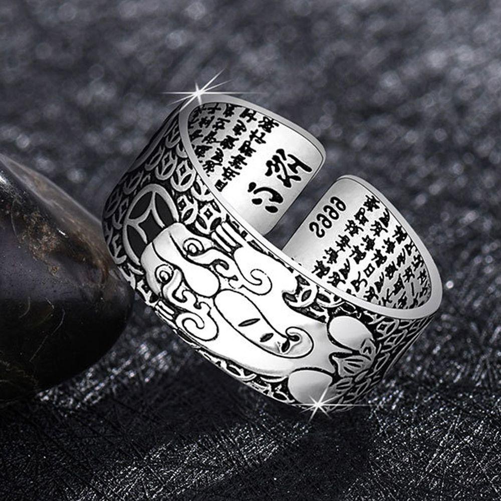 Mxbeauty Man Cincin Warna Perak Keren Bunga Gothic Terbuka Buddhistic Heart Sutra Fashion Perhiasan