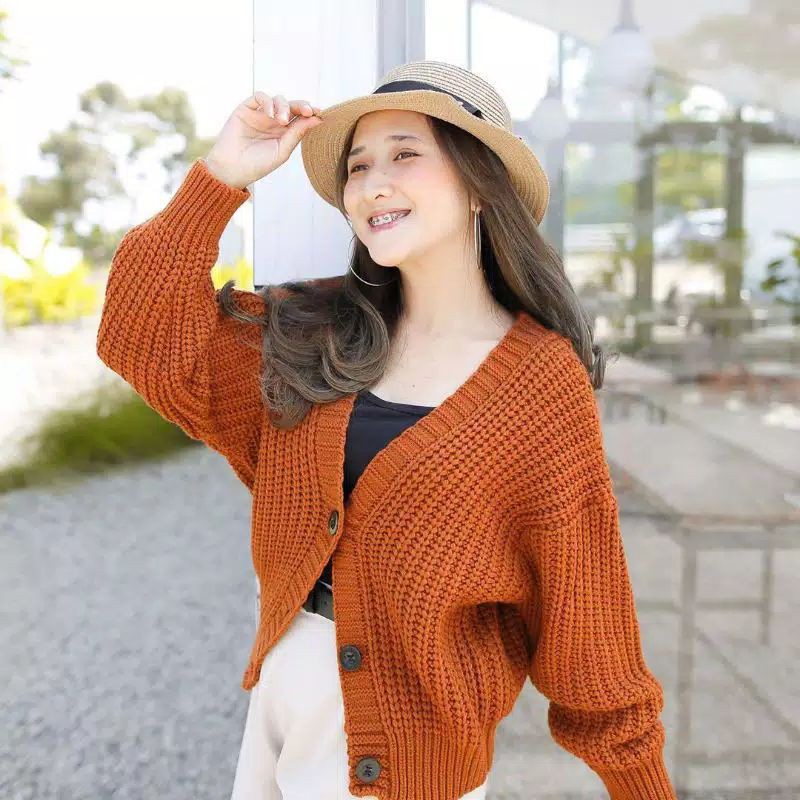 CARDIGAN CROP 7GET RAJUT TEBAL LENGAN PANJANG RICHI.STORE-Coral