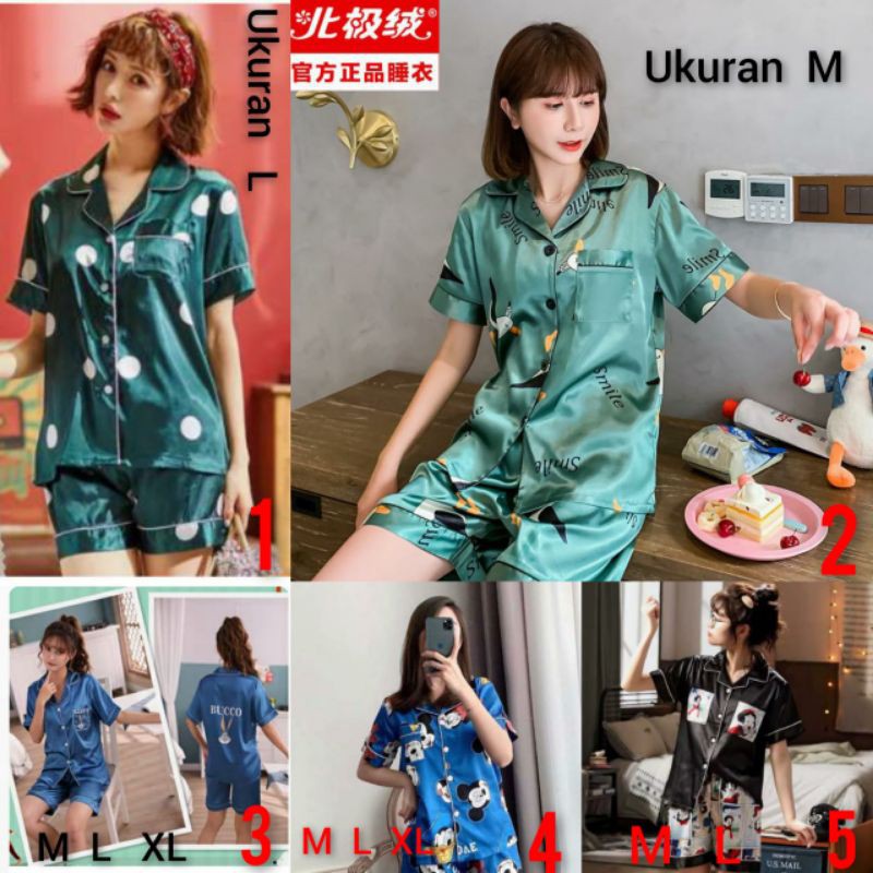 BAJU TIDUR PIYAMA WANITA SATIN SILK IMPORT PREMIUM SETELAN CELANA PENDEK HOTPANTS MOTIF KANCING KRAH LENGAN PENDEK SIZE M-2XL FIT TO 70KG HIJAU EMERALD