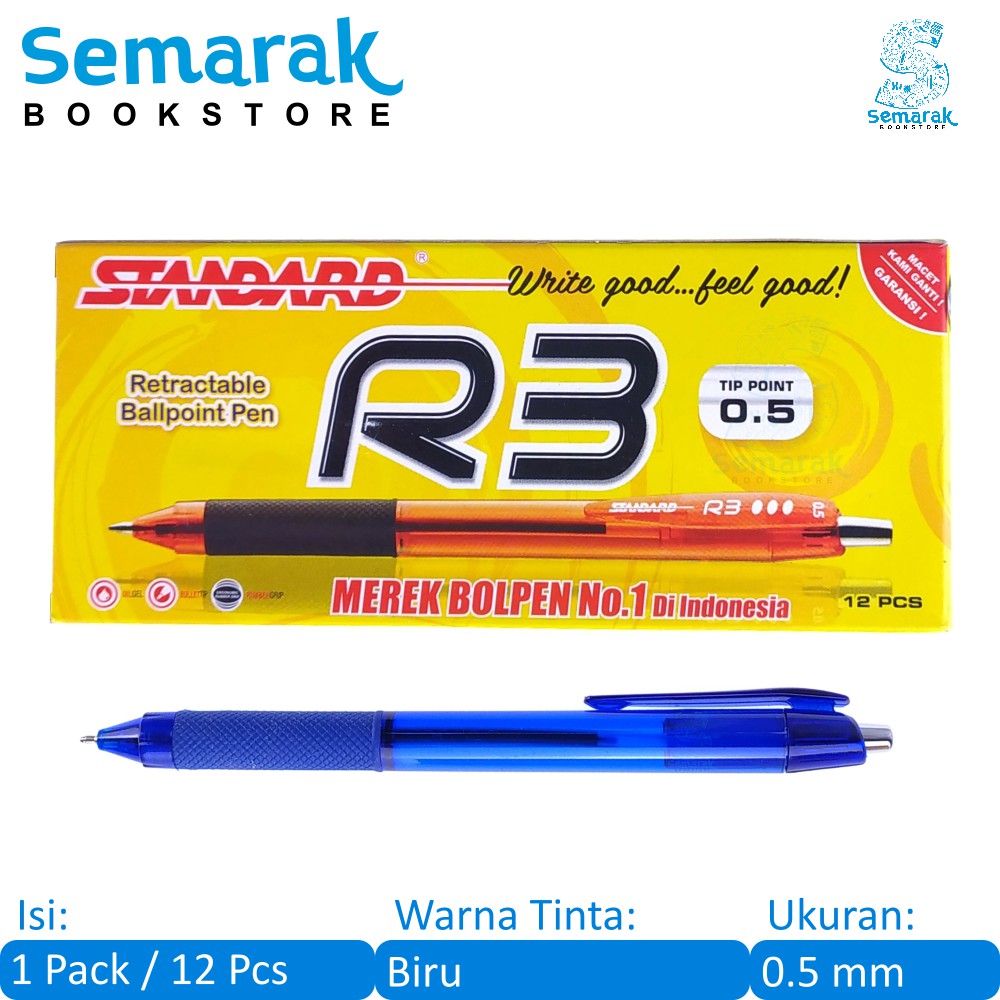 

Standard R3 Retractable Ballpoint Pen 0.5 - Biru [1 Pack / 12 Pcs]