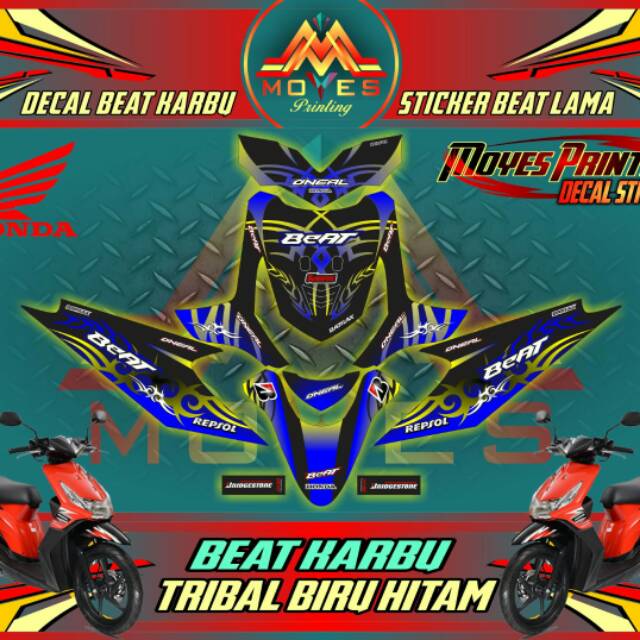 Decal sticker sticker motor beat Decal stiriping Honda beat karbu motip tribal biru hitam