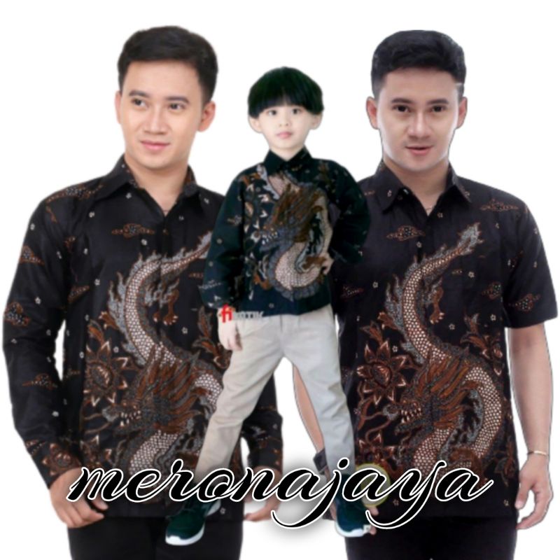 Kemeja Batik Ayah Dan Anak Laki-laki Lengan Panjang Motif Naga Meong Warna Dasar Hitam // Couple Batik Ayah Dan Anak cowok