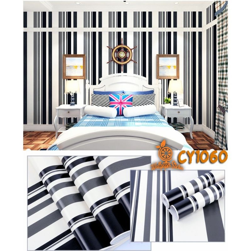 WALLPAPER DINDING MOTIF SALUR HITAM PUTIH 10m x 45cm