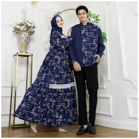 Set Baju Couple Pria Wanita Gamis Kemeja Koko Suami Istri Pasangan Muslim Batik Modis Terbaru 2022-3