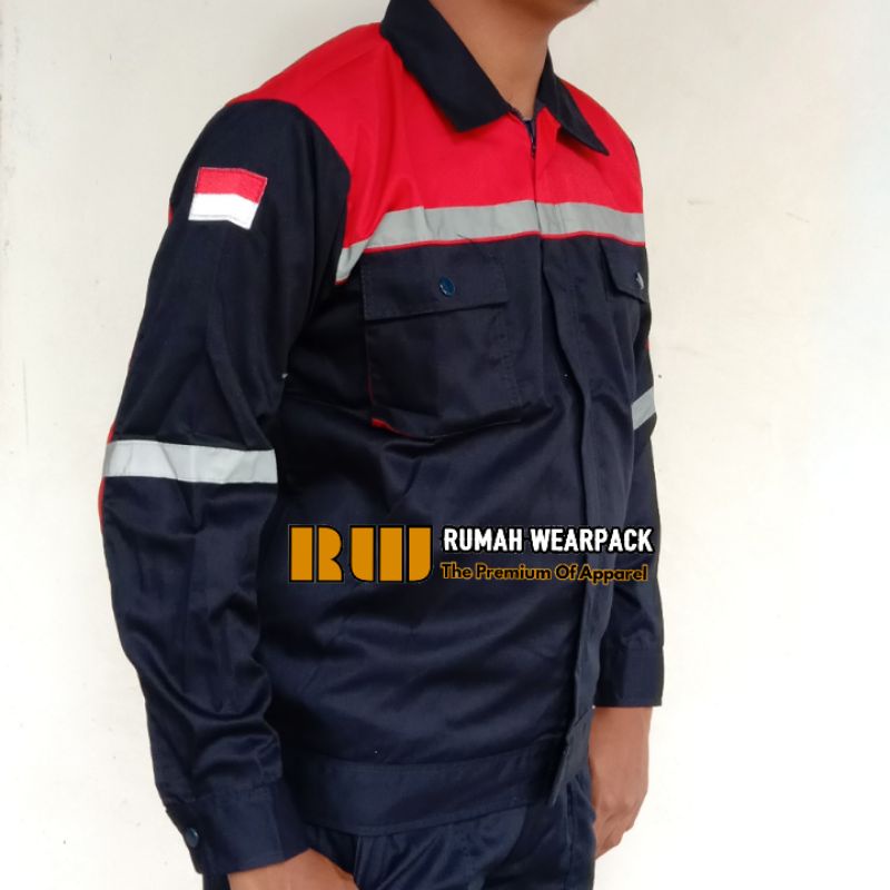 Baju Kerja/ Wearpack Proyek/ Seragam Kerja Atasan Navy Kombinasi Merah